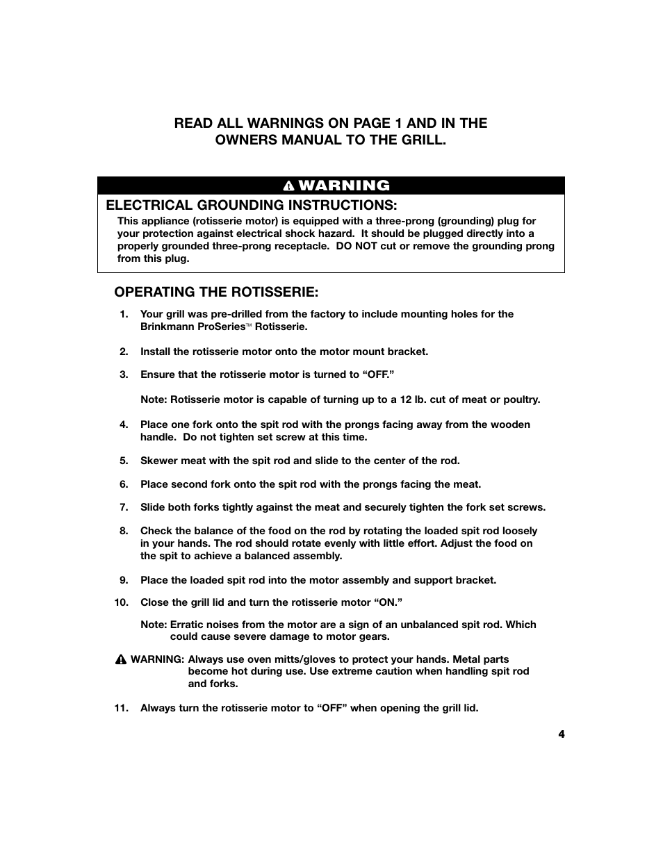 Warning, Electrical grounding instructions, Operating the rotisserie | Brinkmann Grill User Manual | Page 5 / 8