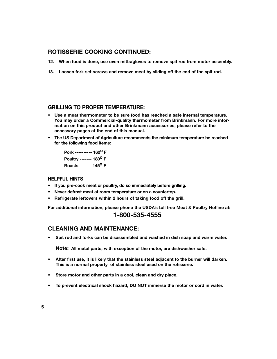 Grilling to proper temperature, Cleaning and maintenance, Rotisserie cooking continued | Brinkmann Grill User Manual | Page 6 / 8