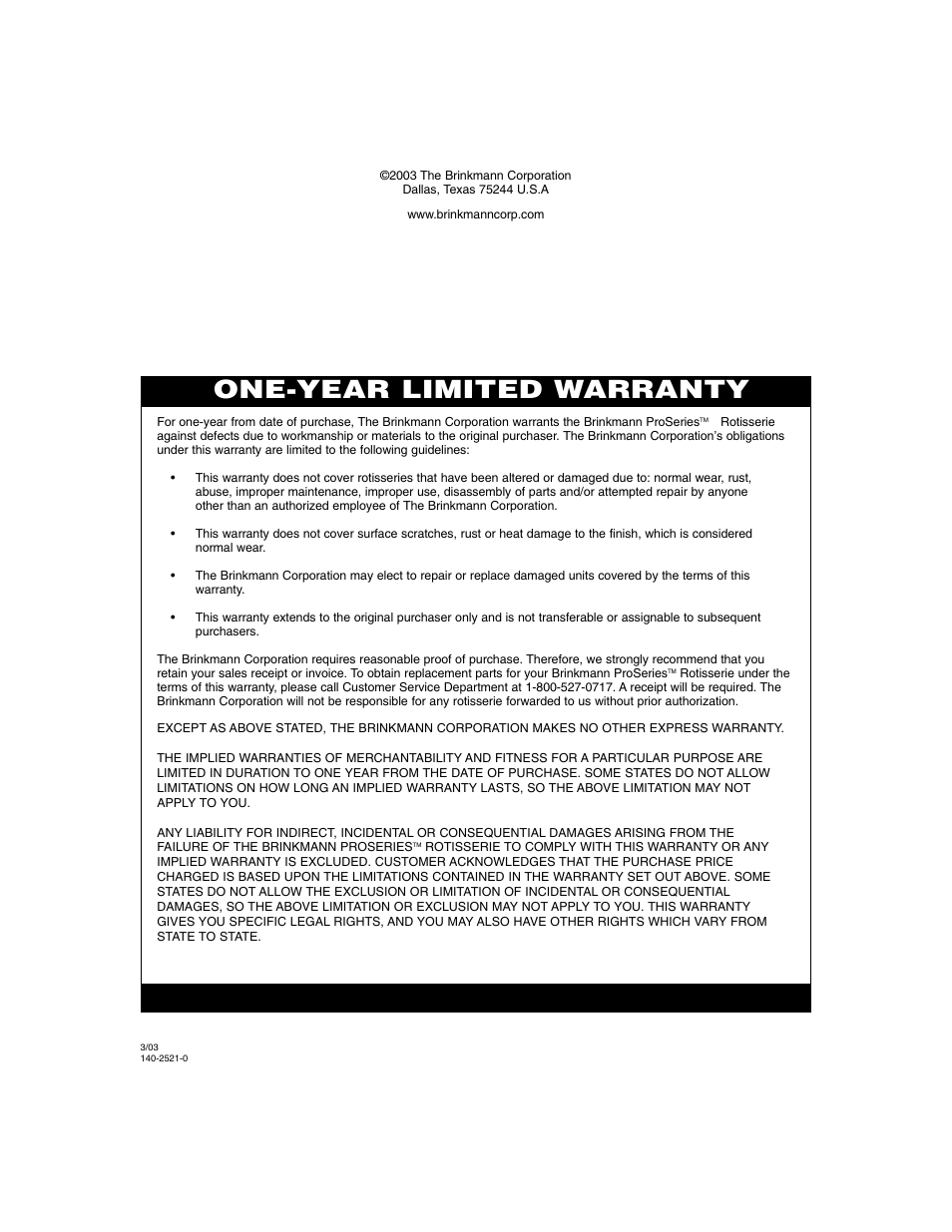 One-year limited warranty | Brinkmann Grill User Manual | Page 8 / 8