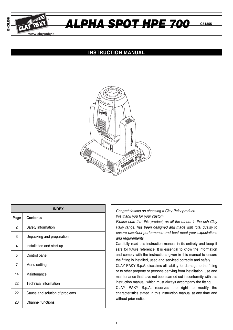 Clay Paky ALPHA SPOT HPE 700 (C61355) User Manual | 28 pages