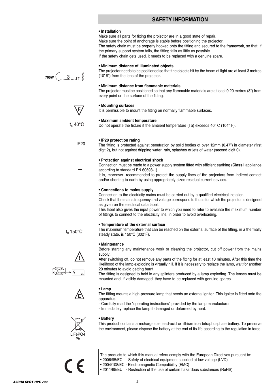 Safety information | Clay Paky ALPHA SPOT HPE 700 (C61355) User Manual | Page 2 / 28