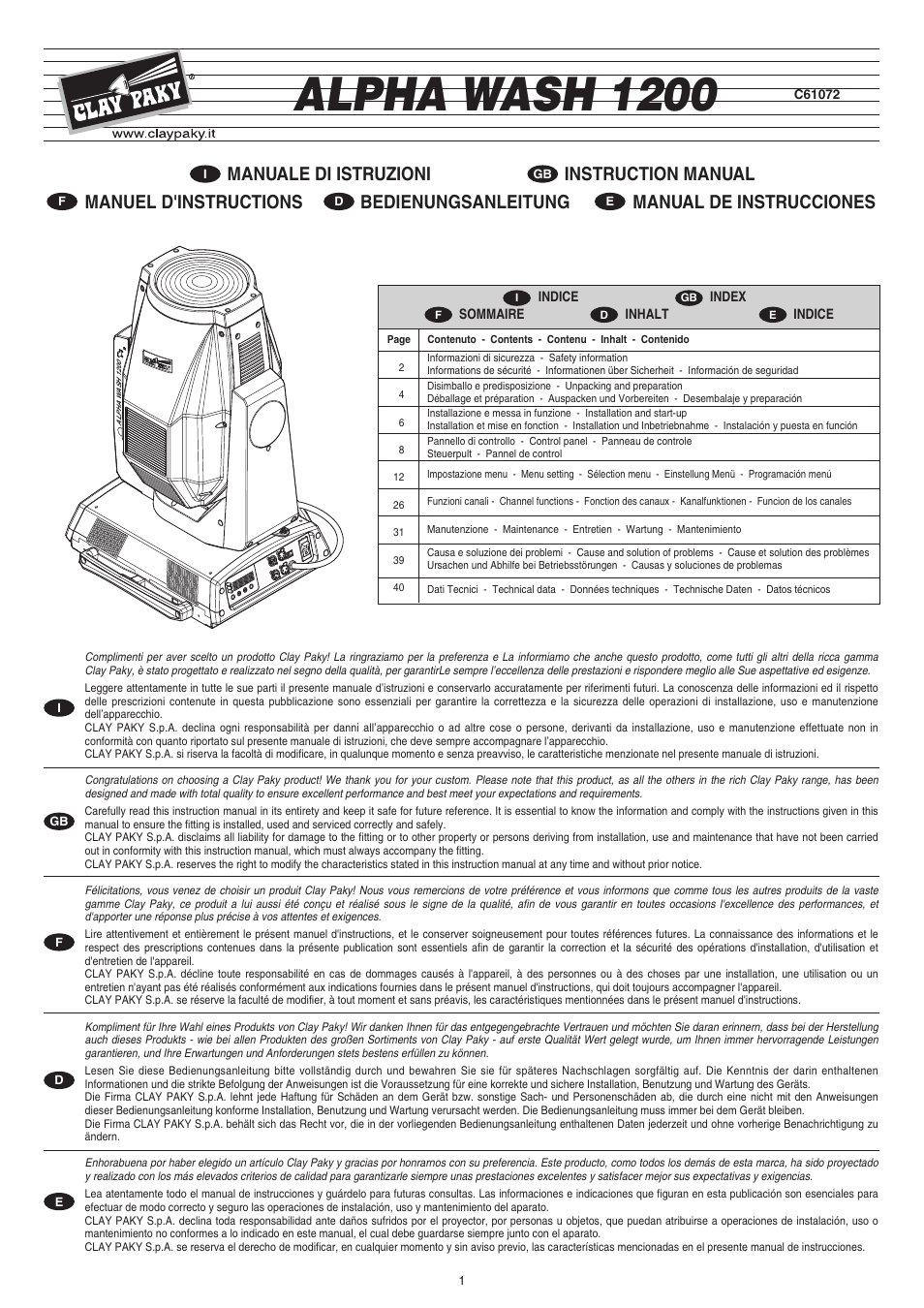 Clay Paky ALPHA WASH 1200 (C61072) User Manual | 44 pages