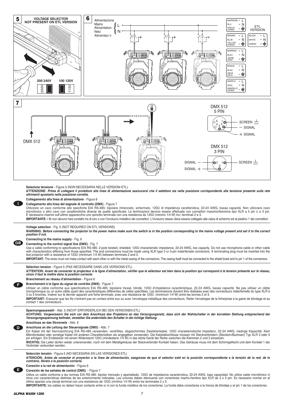 Dmx 512 5 pin, Dmx 512 3 pin, Dmx 512 | Se tx sel dmx | Clay Paky ALPHA WASH 1200 (C61072) User Manual | Page 7 / 44