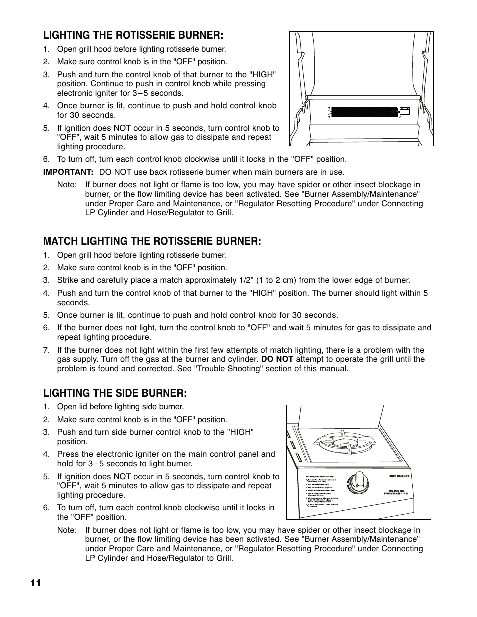 Lighting the rotisserie burner, Match lighting the rotisserie burner, Lighting the side burner | Brinkmann 7625 User Manual | Page 12 / 18