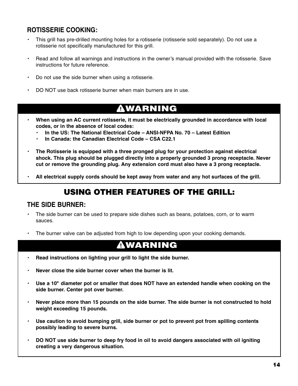 Warning, Using other features of the grill, Rotisserie cooking | The side burner | Brinkmann 7625 User Manual | Page 15 / 18