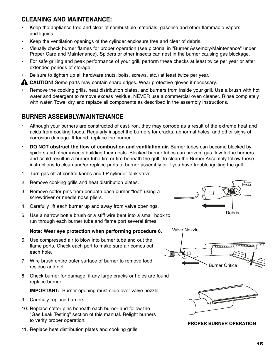 Burner assembly/maintenance, Cleaning and maintenance | Brinkmann 7625 User Manual | Page 17 / 18