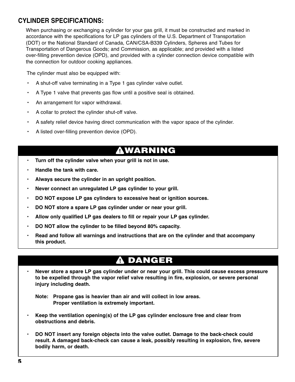 Warning danger, Cylinder specifications | Brinkmann 7625 User Manual | Page 6 / 18