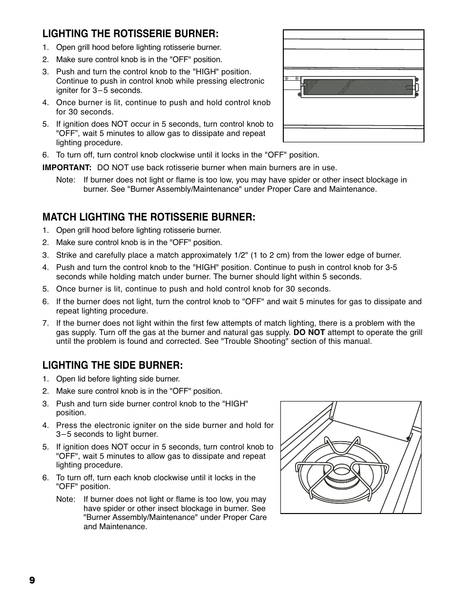 Lighting the rotisserie burner, Match lighting the rotisserie burner, Lighting the side burner | Brinkmann 810-6830-0 User Manual | Page 10 / 64