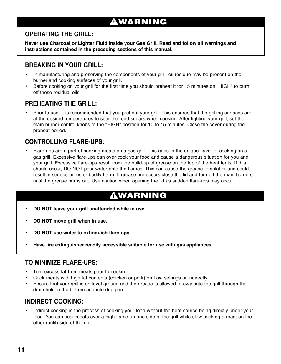 Warning, Operating the grill, Breaking in your grill | Preheating the grill, Controlling flare-ups, Indirect cooking | Brinkmann 810-6830-0 User Manual | Page 12 / 64