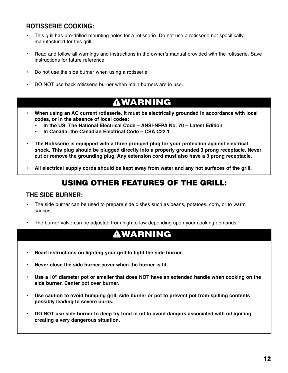 Warning, Using other features of the grill, Rotisserie cooking | The side burner | Brinkmann 810-6830-0 User Manual | Page 13 / 64