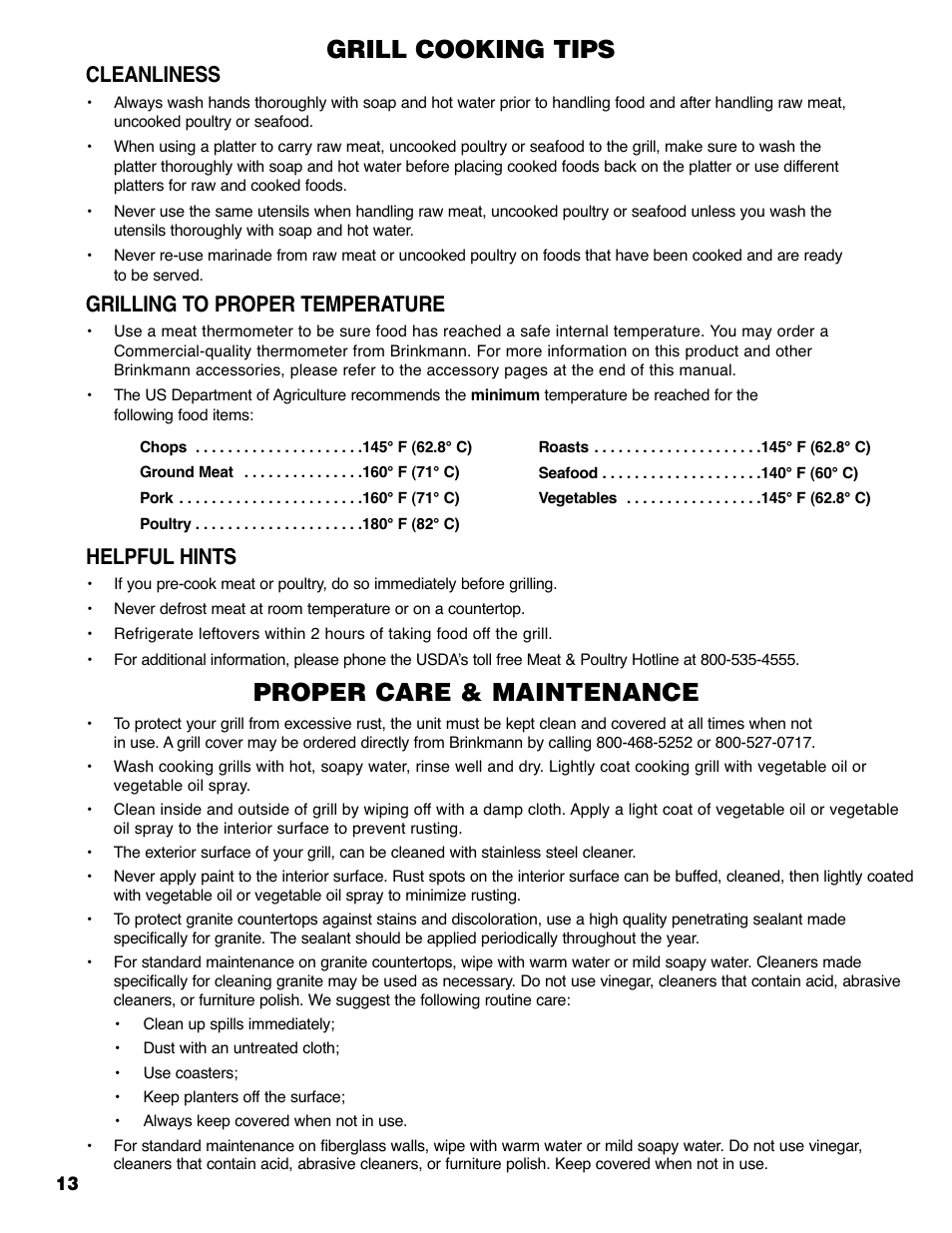 Grill cooking tips, Proper care & maintenance, Cleanliness | Grilling to proper temperature, Helpful hints | Brinkmann 810-6830-0 User Manual | Page 14 / 64