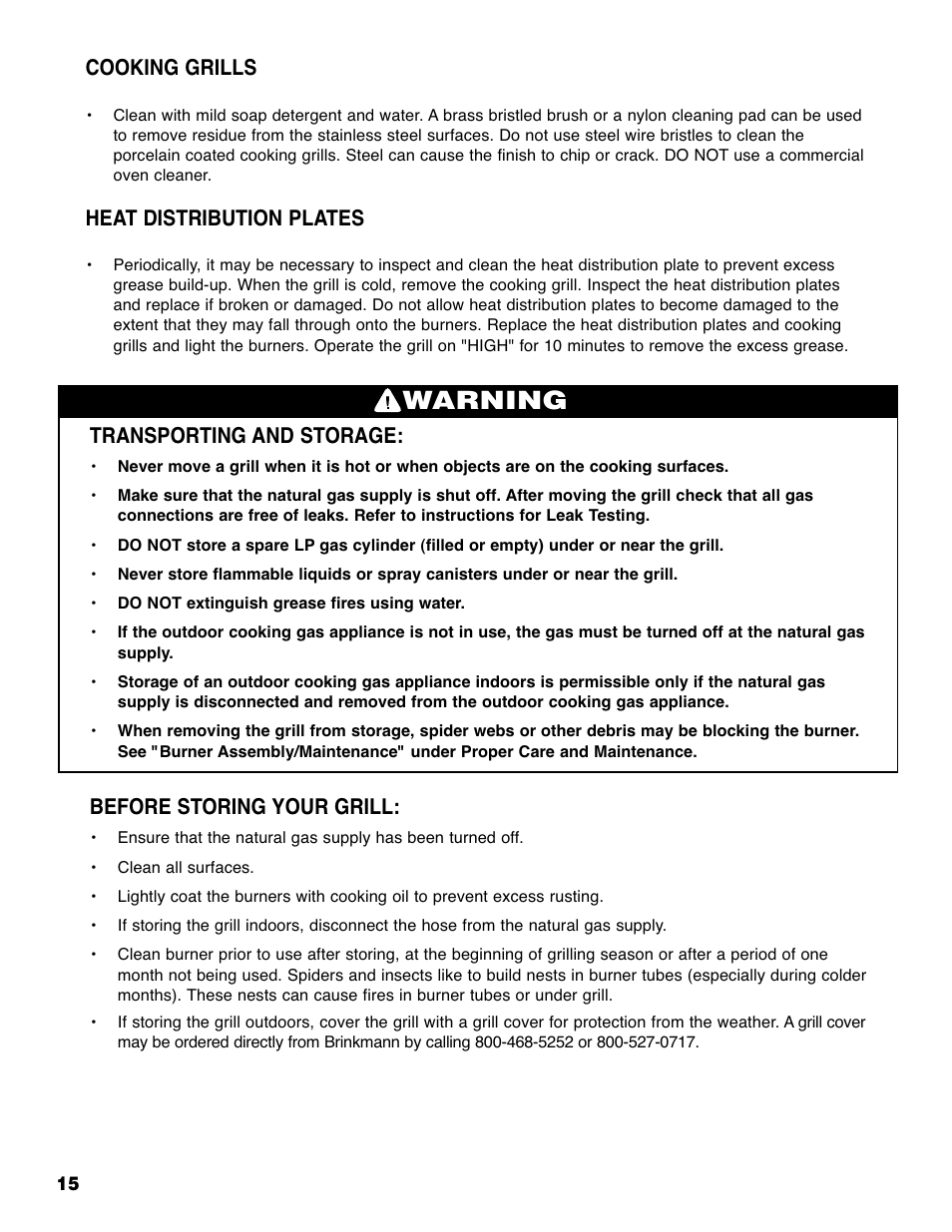 Warning, Transporting and storage, Before storing your grill | Cooking grills, Heat distribution plates | Brinkmann 810-6830-0 User Manual | Page 16 / 64