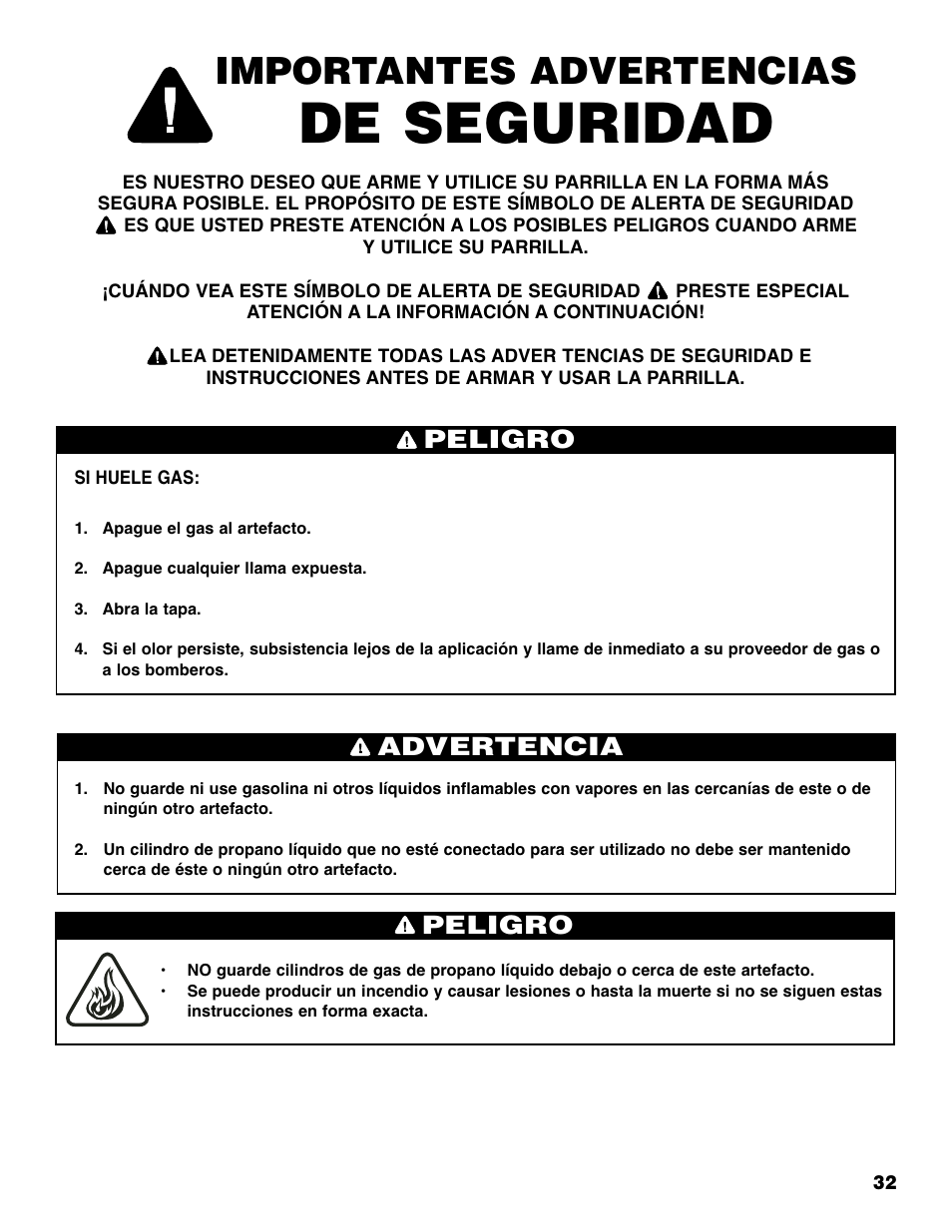 De seguridad, Importantes advertencias, Peligro | Advertencia peligro | Brinkmann 810-6830-0 User Manual | Page 33 / 64