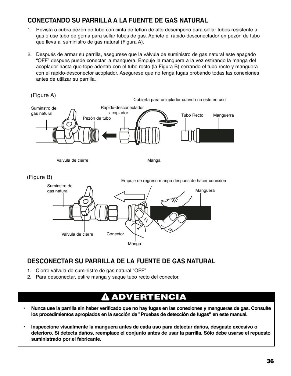 Advertencia, Conectando su parrilla a la fuente de gas natural | Brinkmann 810-6830-0 User Manual | Page 37 / 64