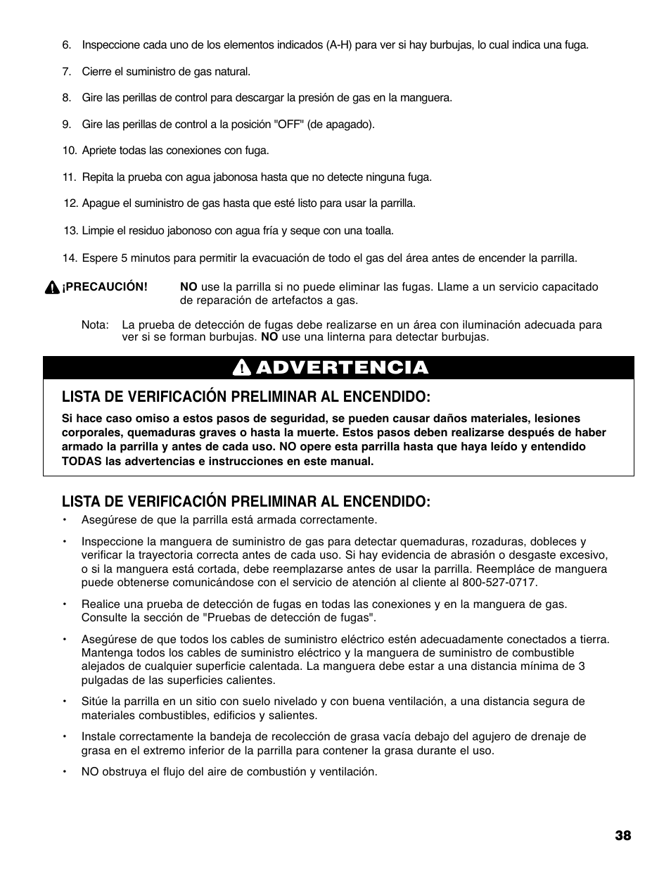 Advertencia, Lista de verificación preliminar al encendido | Brinkmann 810-6830-0 User Manual | Page 39 / 64