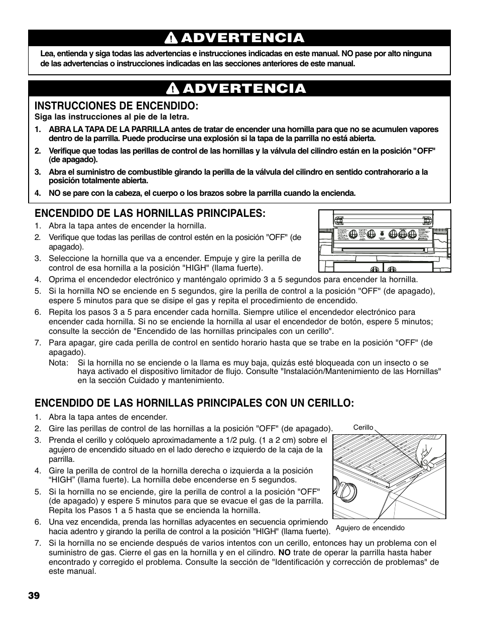 Advertencia, Instrucciones de encendido, Encendido de las hornillas principales | Brinkmann 810-6830-0 User Manual | Page 40 / 64