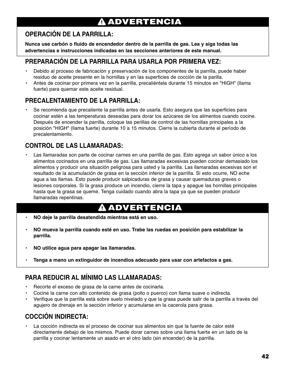 Advertencia, Operación de la parrilla, Precalentamiento de la parrilla | Control de las llamaradas, Para reducir al mínimo las llamaradas, Cocción indirecta | Brinkmann 810-6830-0 User Manual | Page 43 / 64