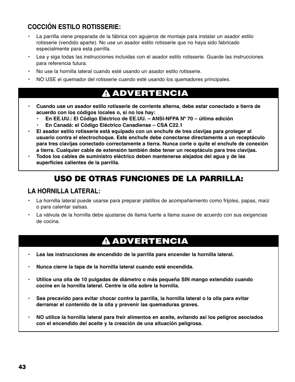 Advertencia, Uso de otras funciones de la parrilla, Cocción estilo rotisserie | La hornilla lateral | Brinkmann 810-6830-0 User Manual | Page 44 / 64