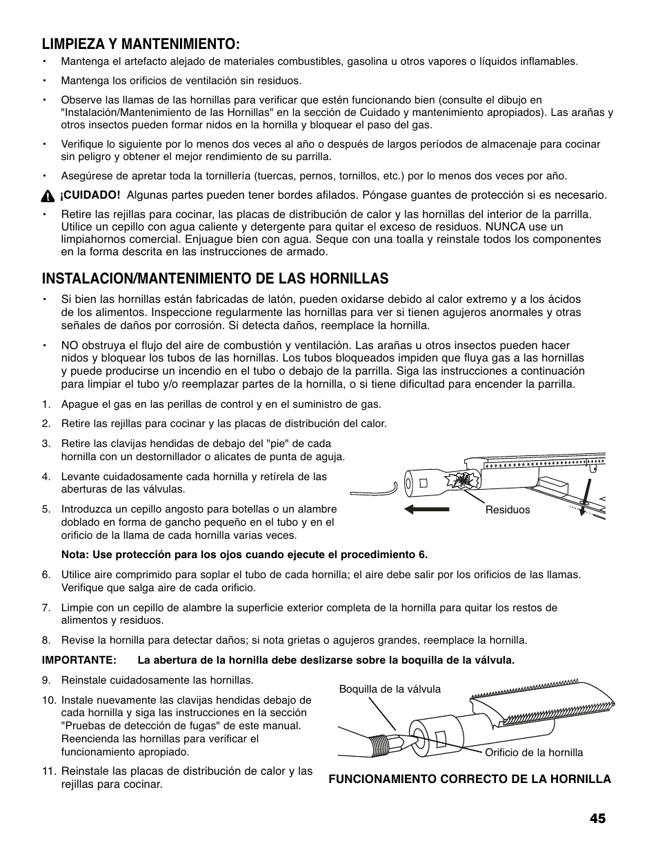 Instalación/mantenimiento de las hornillas, Limpieza y mantenimiento | Brinkmann 810-6830-0 User Manual | Page 46 / 64