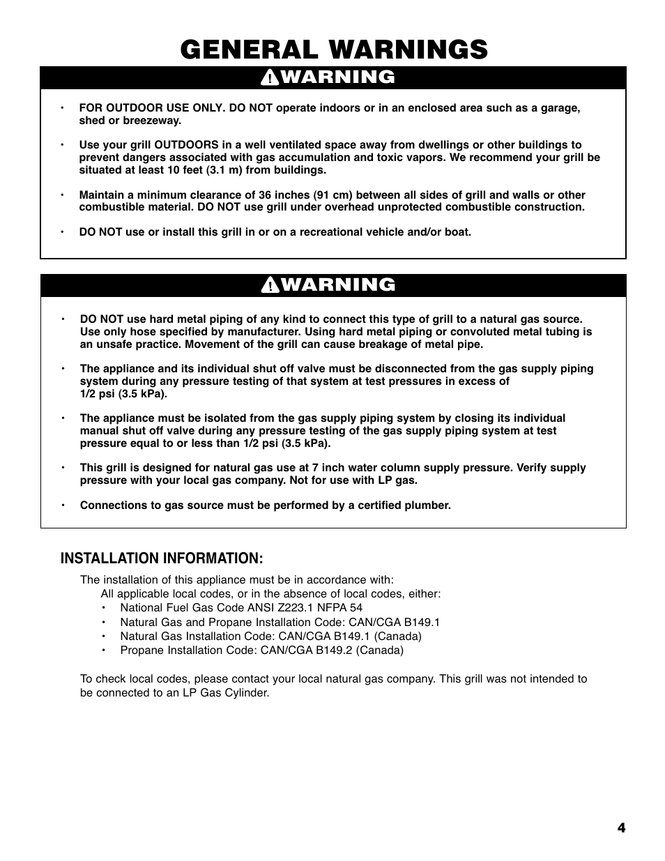 General warnings, Warning, Installation information | Brinkmann 810-6830-0 User Manual | Page 5 / 64