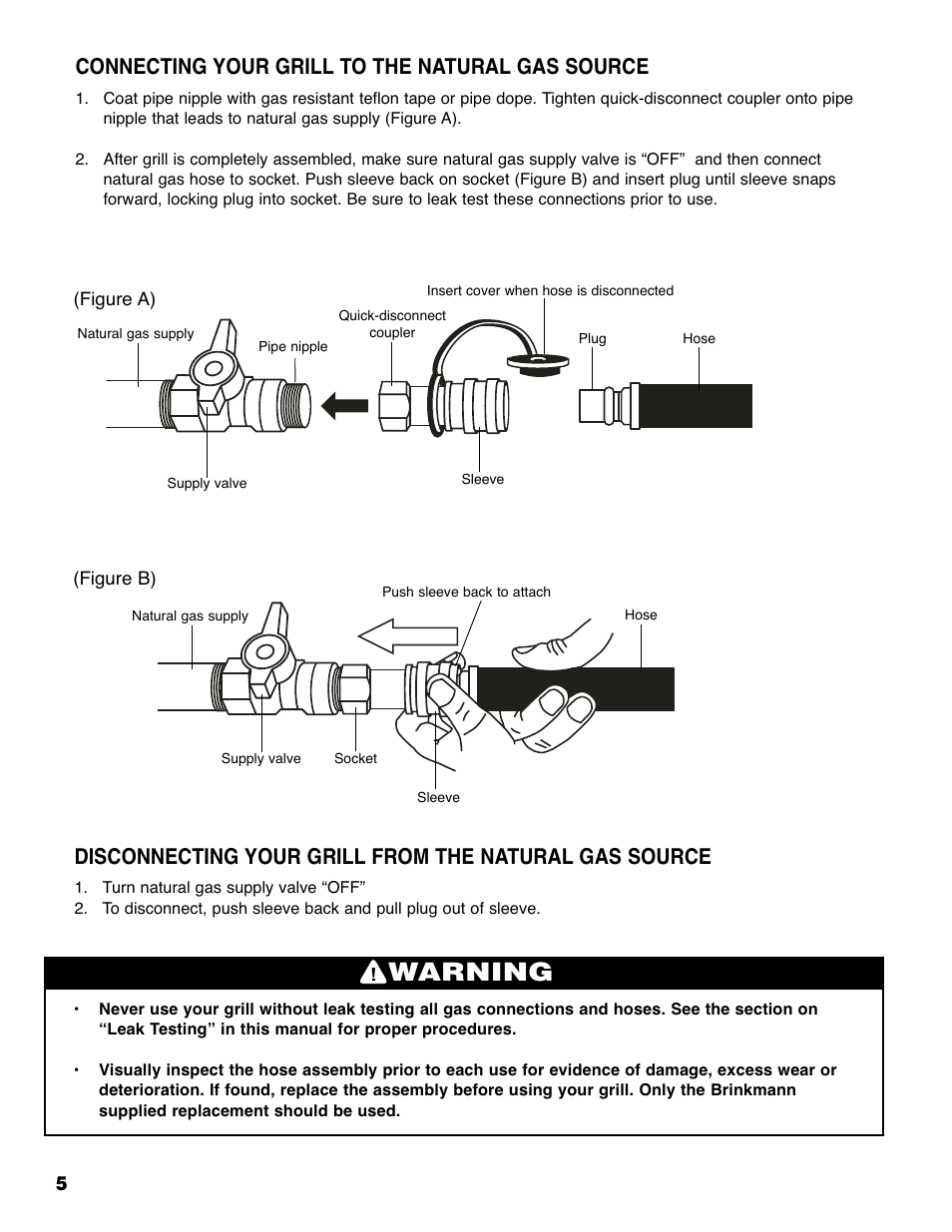 Warning, Connecting your grill to the natural gas source | Brinkmann 810-6830-0 User Manual | Page 6 / 64