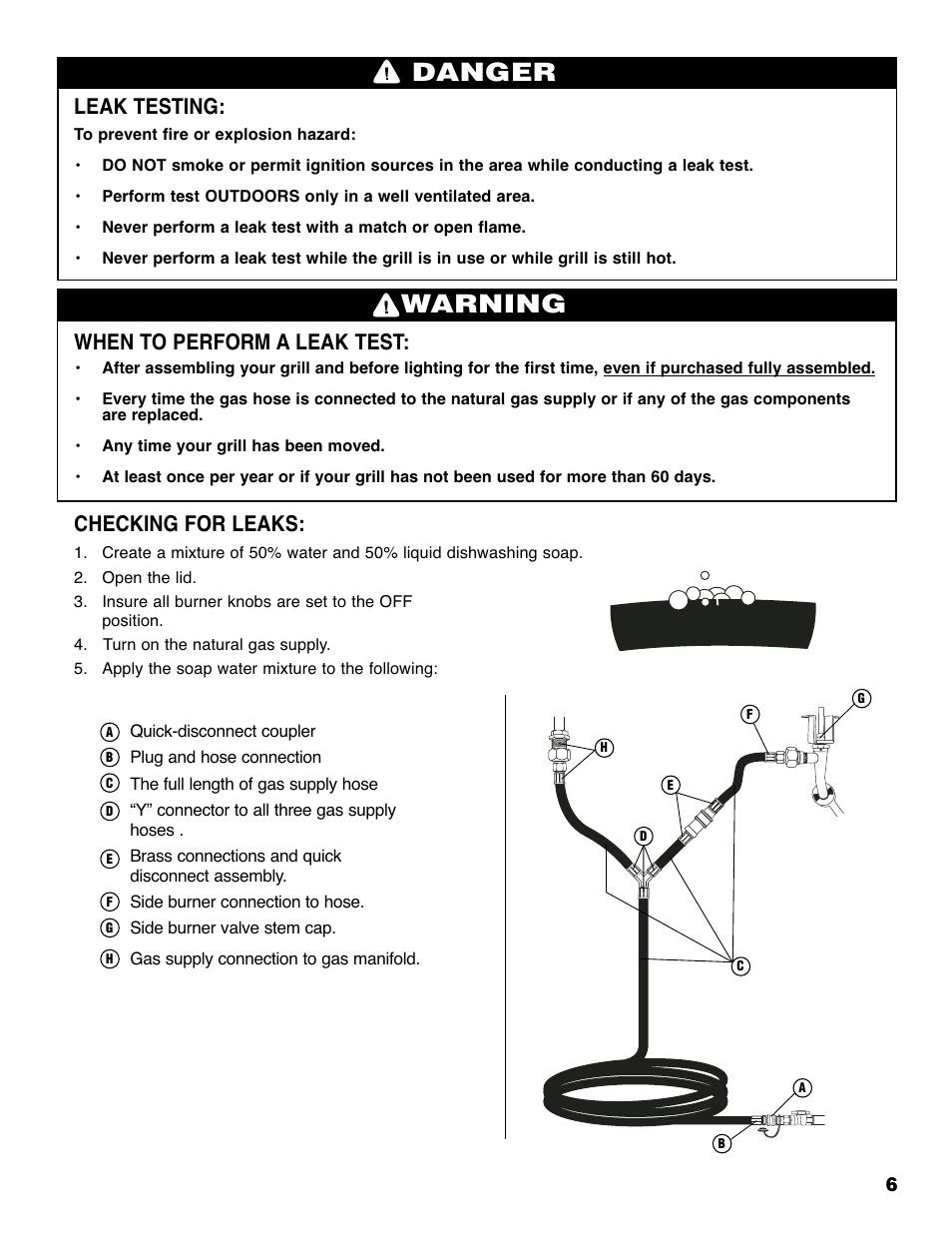 Warning, Danger, Leak testing | When to perform a leak test, Checking for leaks | Brinkmann 810-6830-0 User Manual | Page 7 / 64