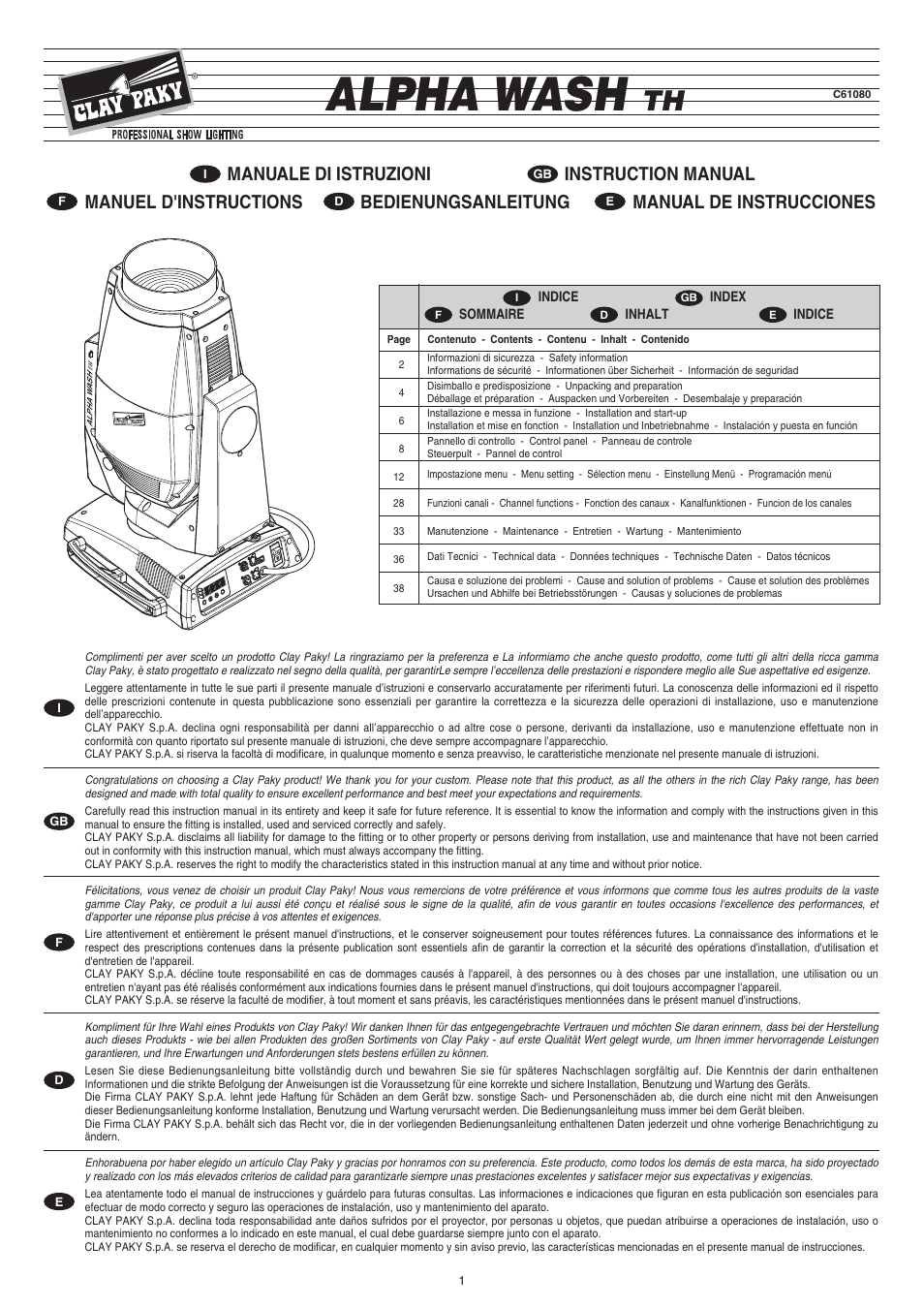 Clay Paky ALPHA WASH TH (C61080) User Manual | 40 pages