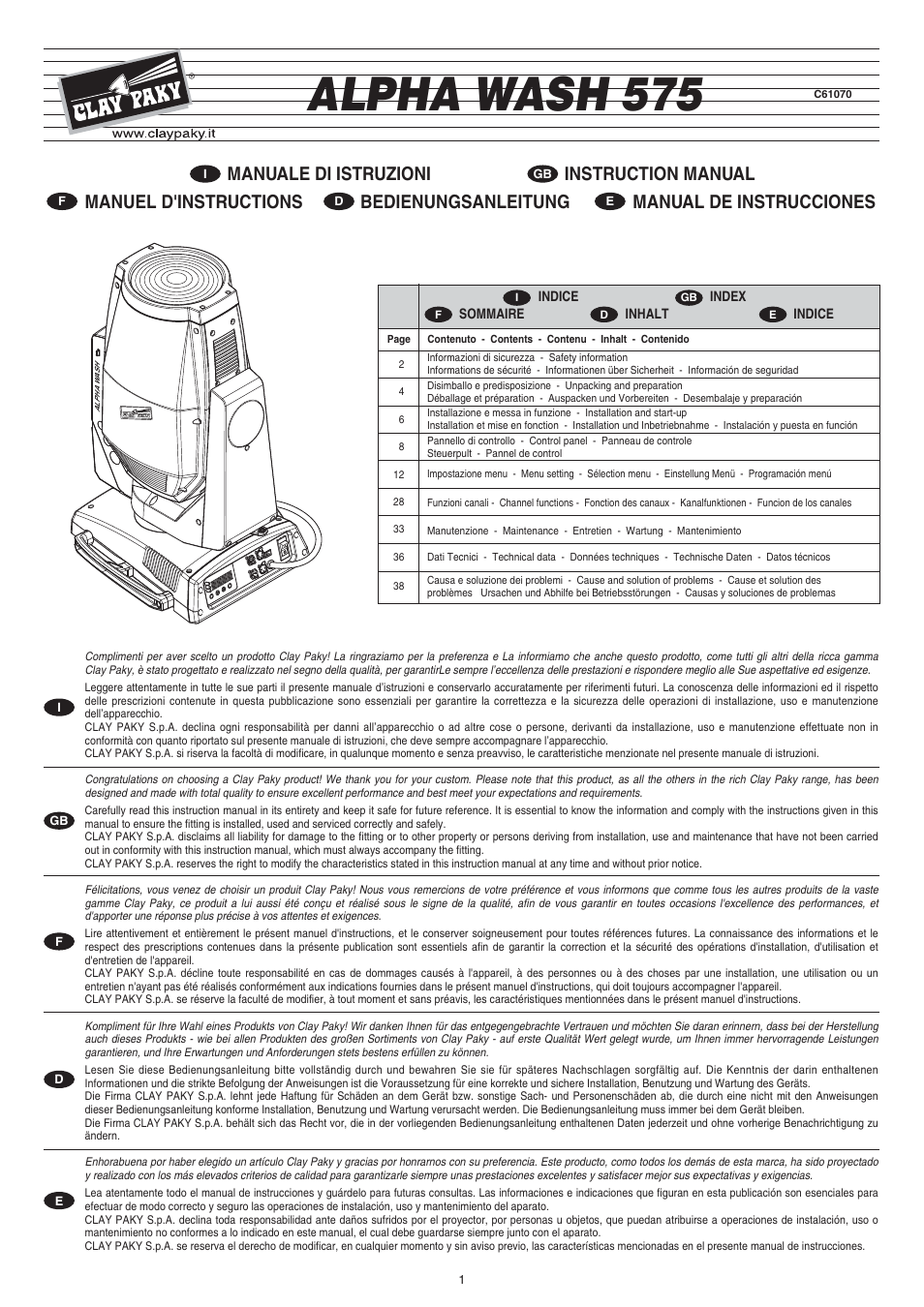 Clay Paky ALPHA WASH 575 (C61070) User Manual | 40 pages