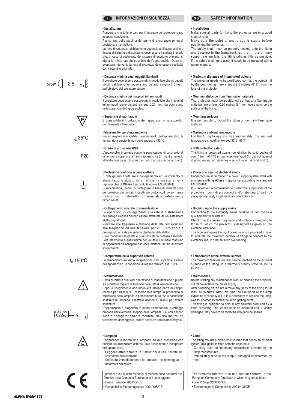 35°c t, 150°c, Ip20 | Clay Paky ALPHA WASH 575 (C61070) User Manual | Page 2 / 40