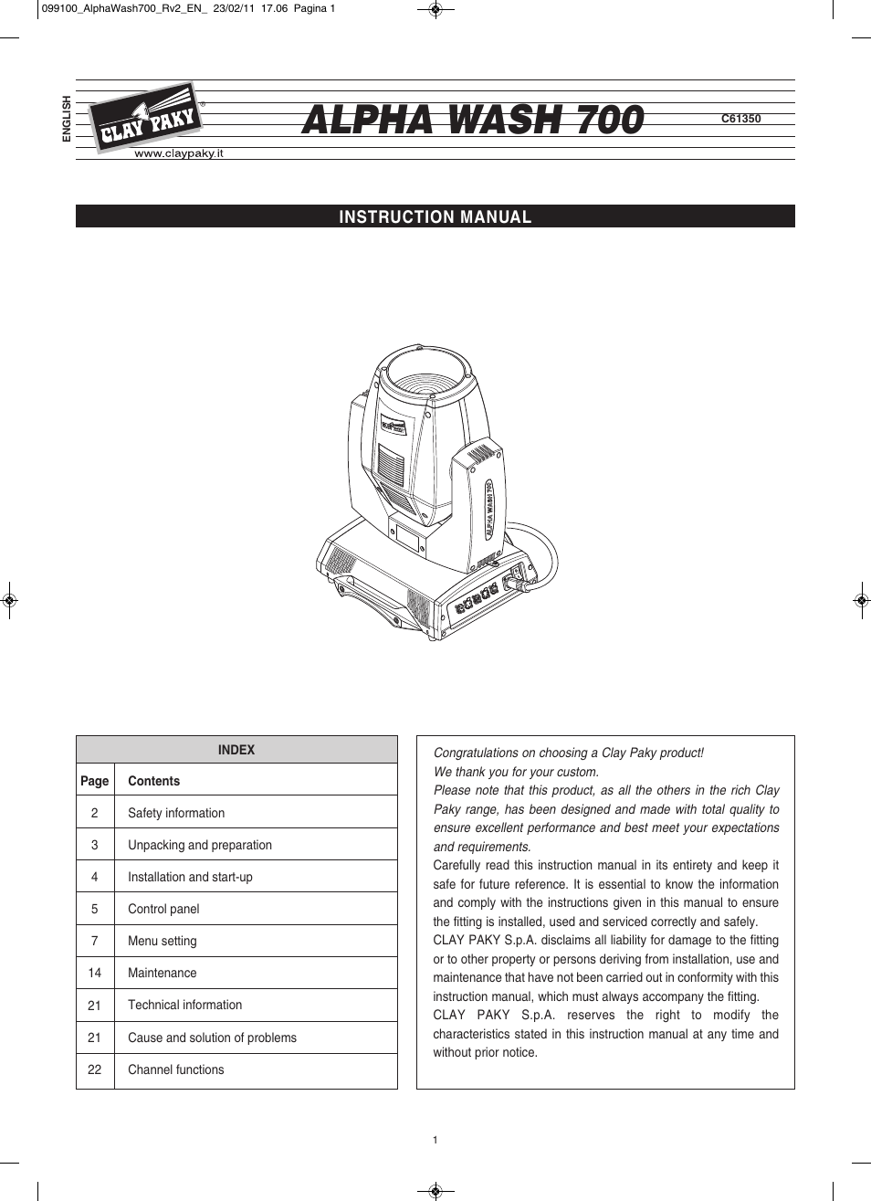 Clay Paky ALPHA WASH 700 (C61350) User Manual | 28 pages