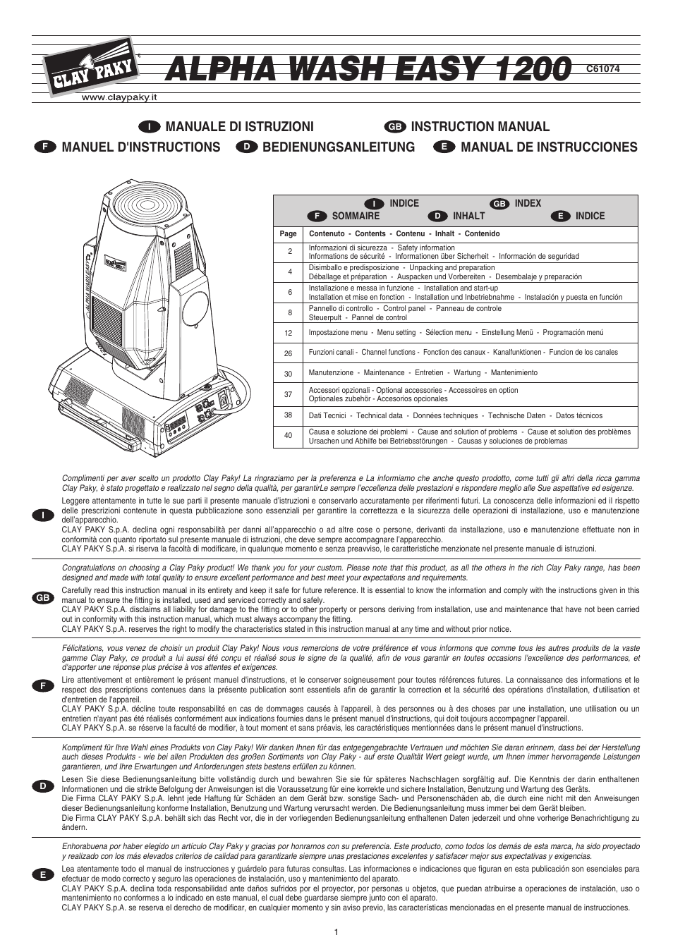 Clay Paky ALPHA WASH EASY 1200 (C61074) User Manual | 40 pages