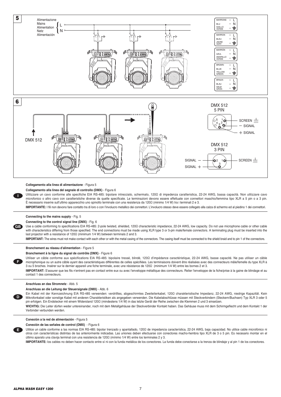 Dmx 512 5 pin, Dmx 512 3 pin, Dmx 512 | Clay Paky ALPHA WASH EASY 1200 (C61074) User Manual | Page 7 / 40