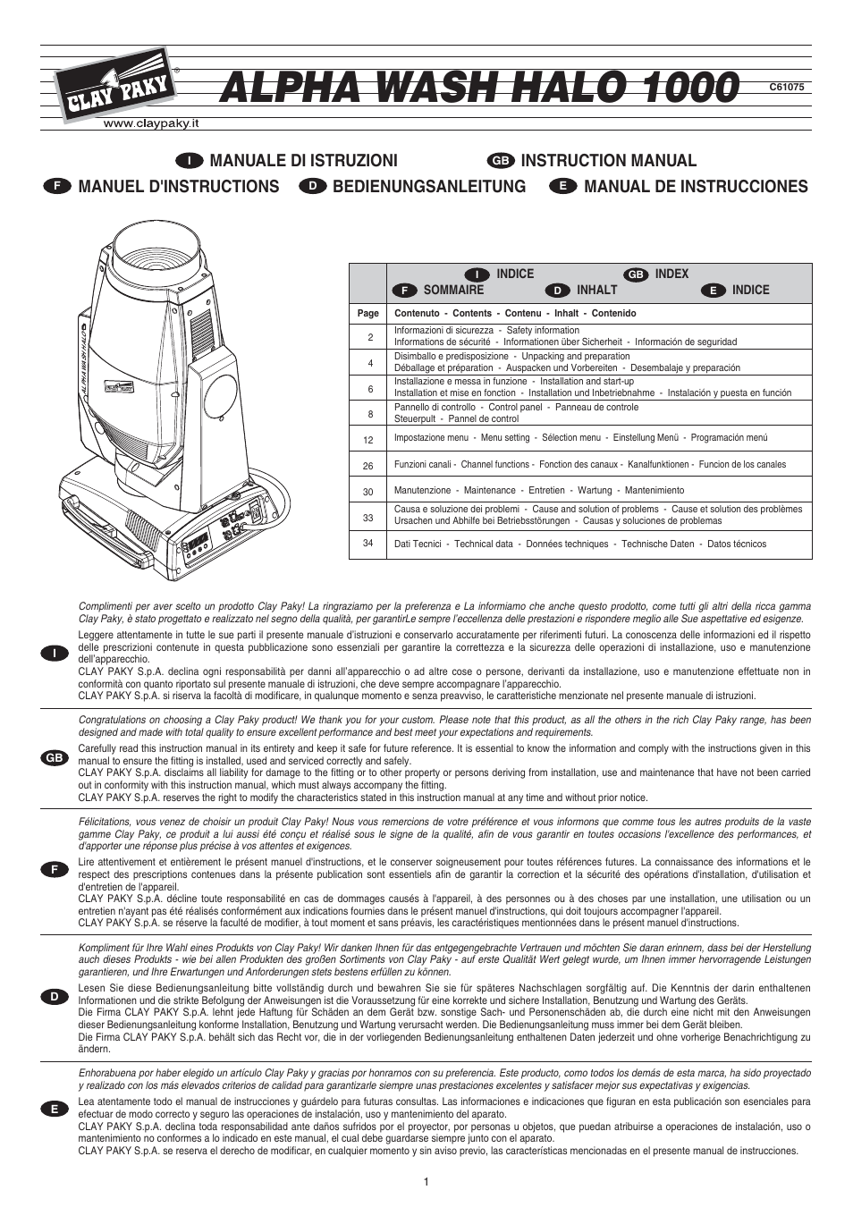 Clay Paky ALPHA WASH HALO 1000 (C61075) User Manual | 36 pages