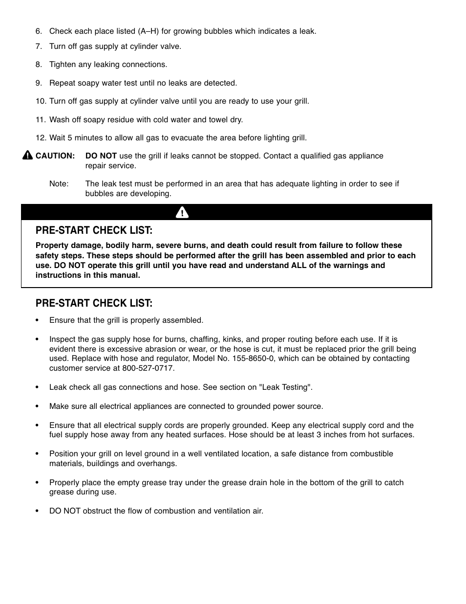 Warning, Pre-start check list | Brinkmann Gourmet 4 User Manual | Page 10 / 56