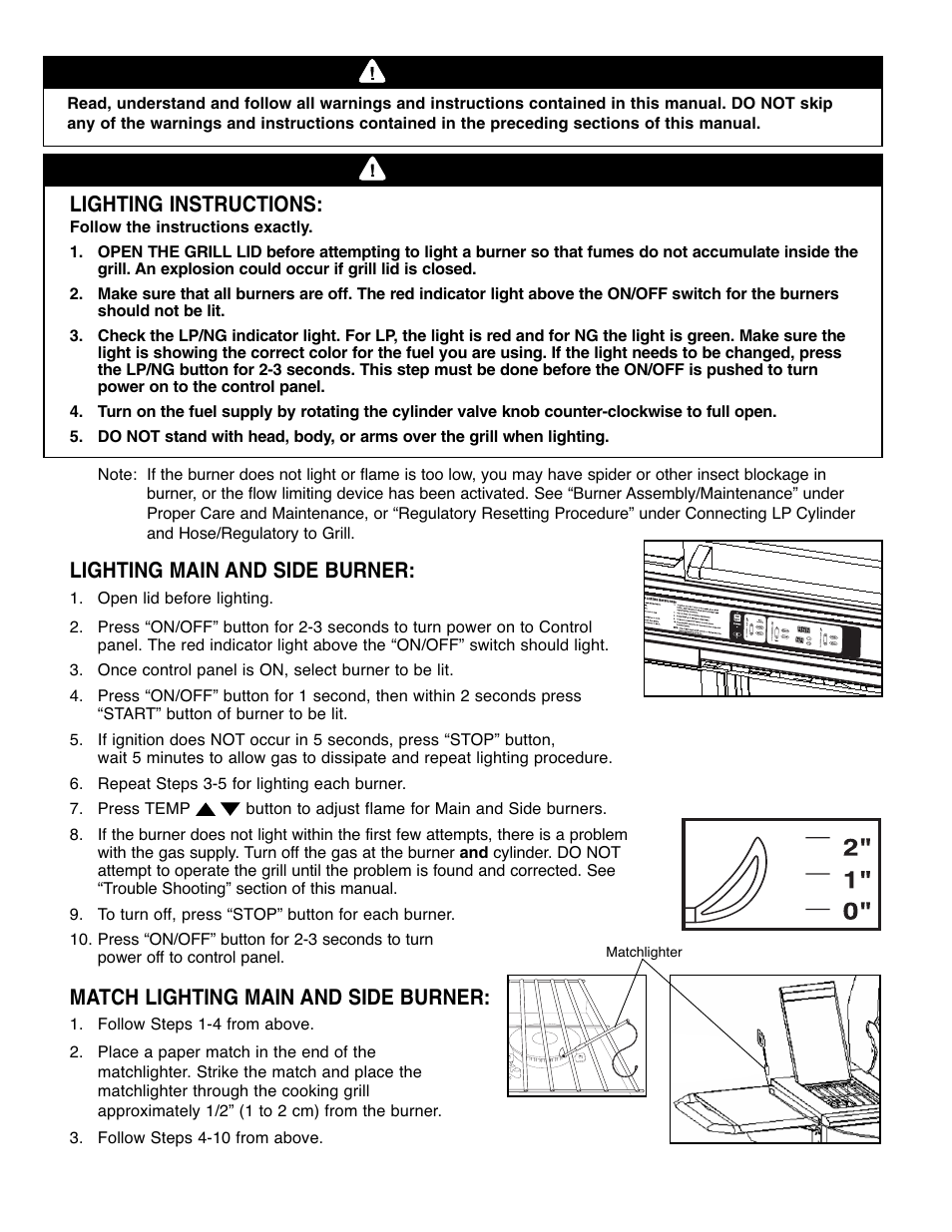 Warning, Lighting instructions, Lighting main and side burner | Match lighting main and side burner | Brinkmann Gourmet 4 User Manual | Page 11 / 56