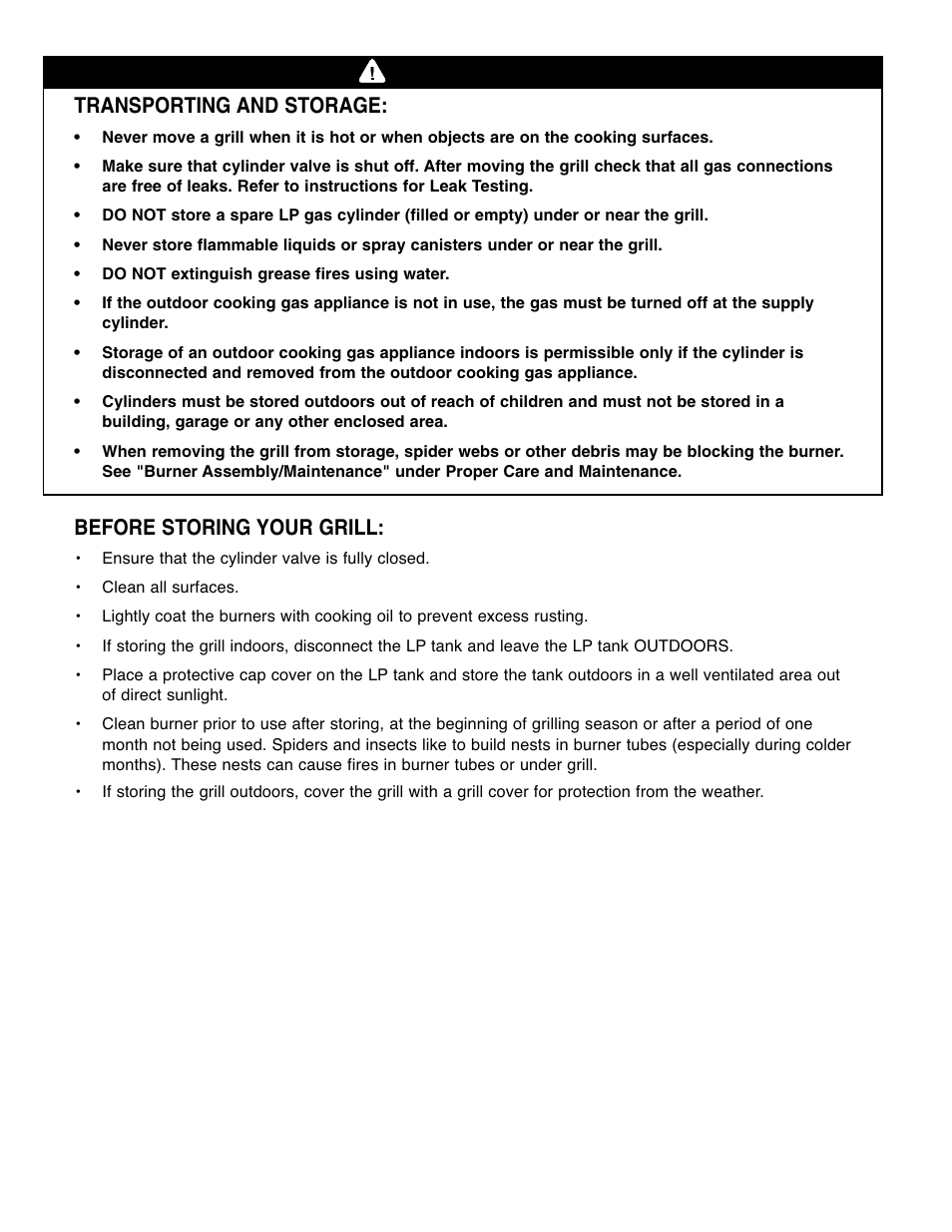 Warning, Transporting and storage, Before storing your grill | Brinkmann Gourmet 4 User Manual | Page 18 / 56