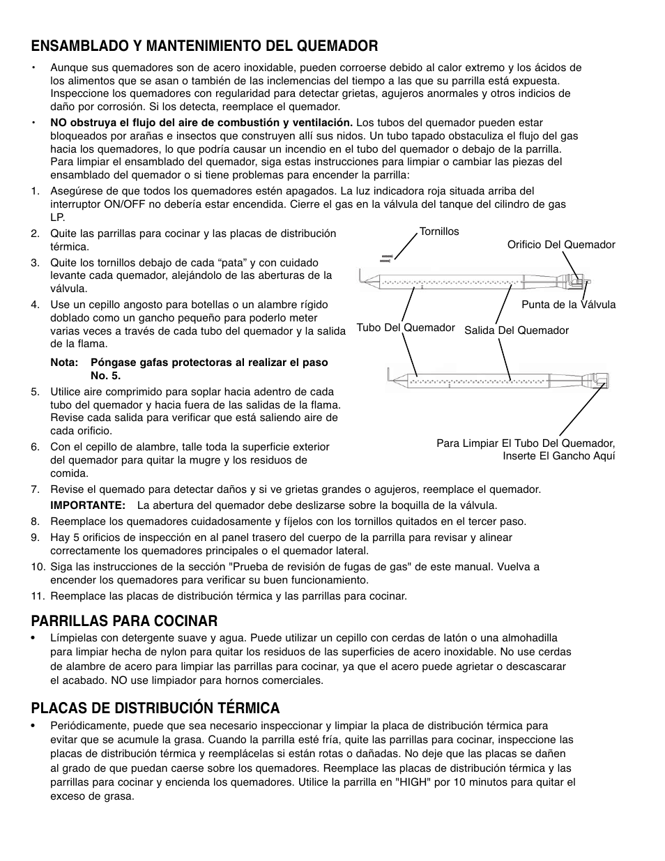 Ensamblado y mantenimiento del quemador, Parrillas para cocinar, Placas de distribución térmica | Brinkmann Gourmet 4 User Manual | Page 44 / 56