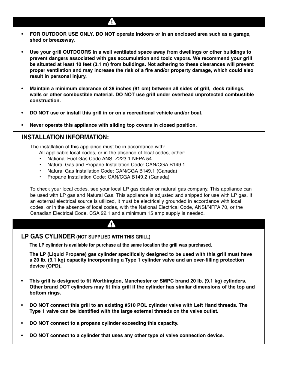 Warning, Installation information, Lp gas cylinder | Brinkmann Gourmet 4 User Manual | Page 5 / 56