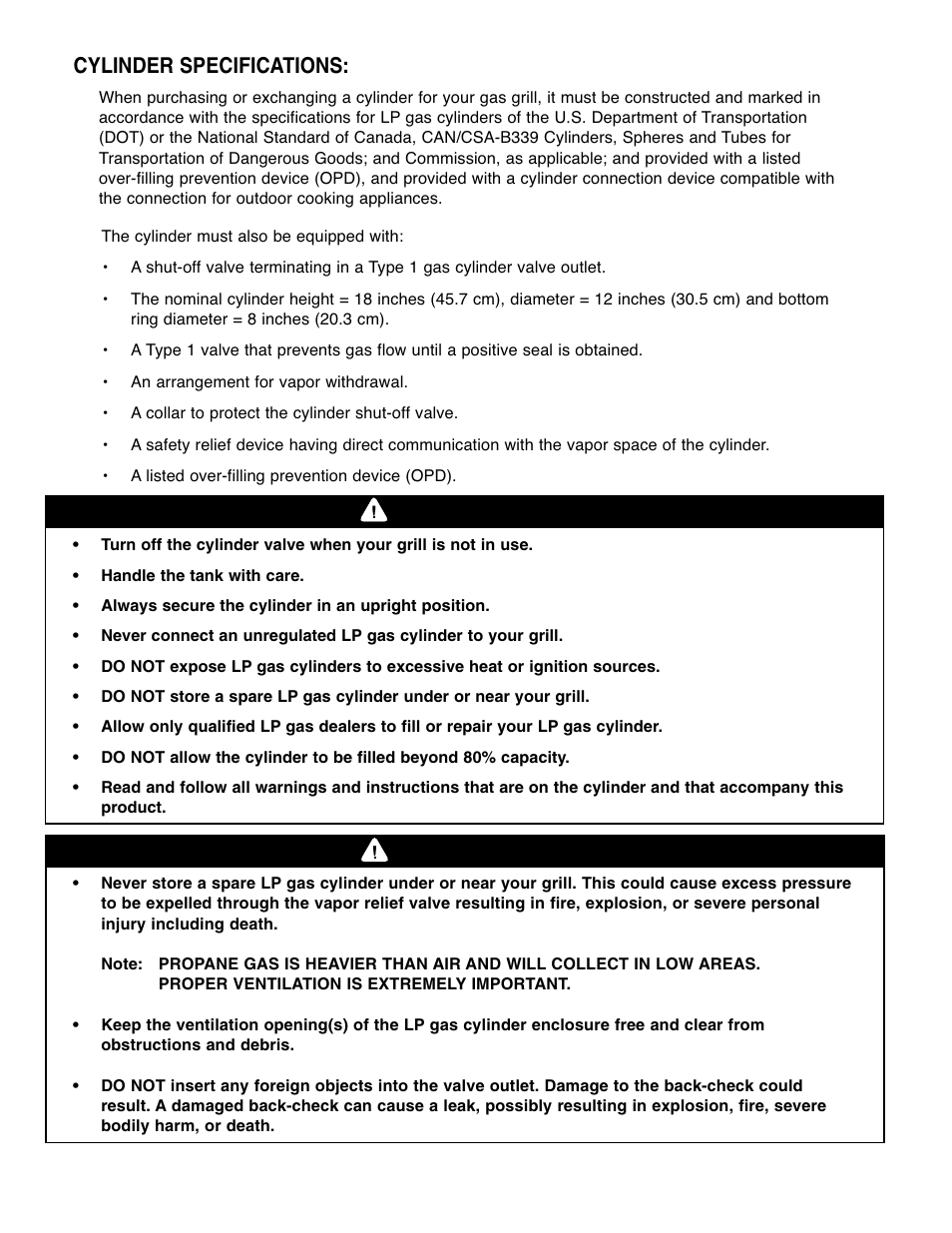 Warning danger, Cylinder specifications | Brinkmann Gourmet 4 User Manual | Page 6 / 56