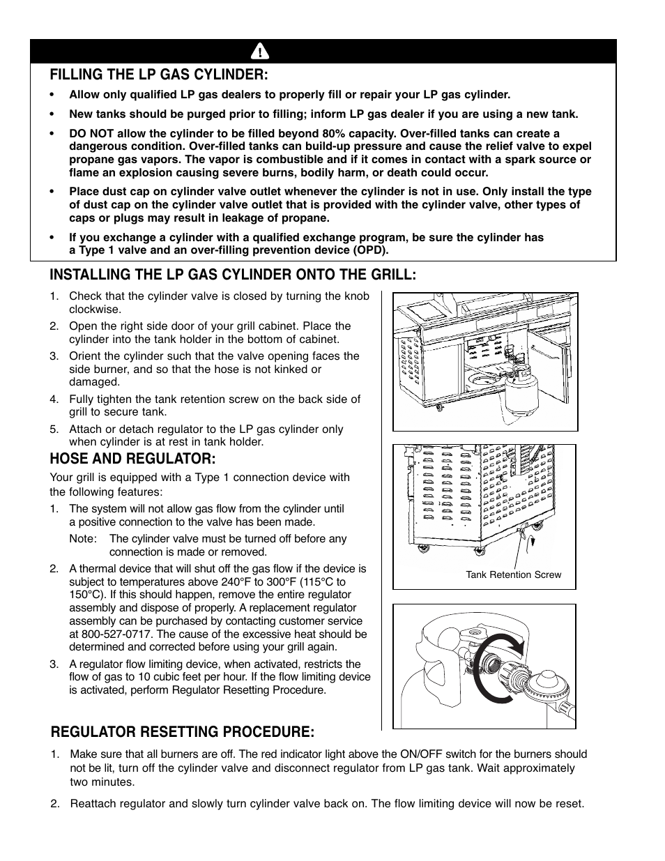 Warning, Filling the lp gas cylinder, Installing the lp gas cylinder onto the grill | Hose and regulator, Regulator resetting procedure | Brinkmann Gourmet 4 User Manual | Page 7 / 56