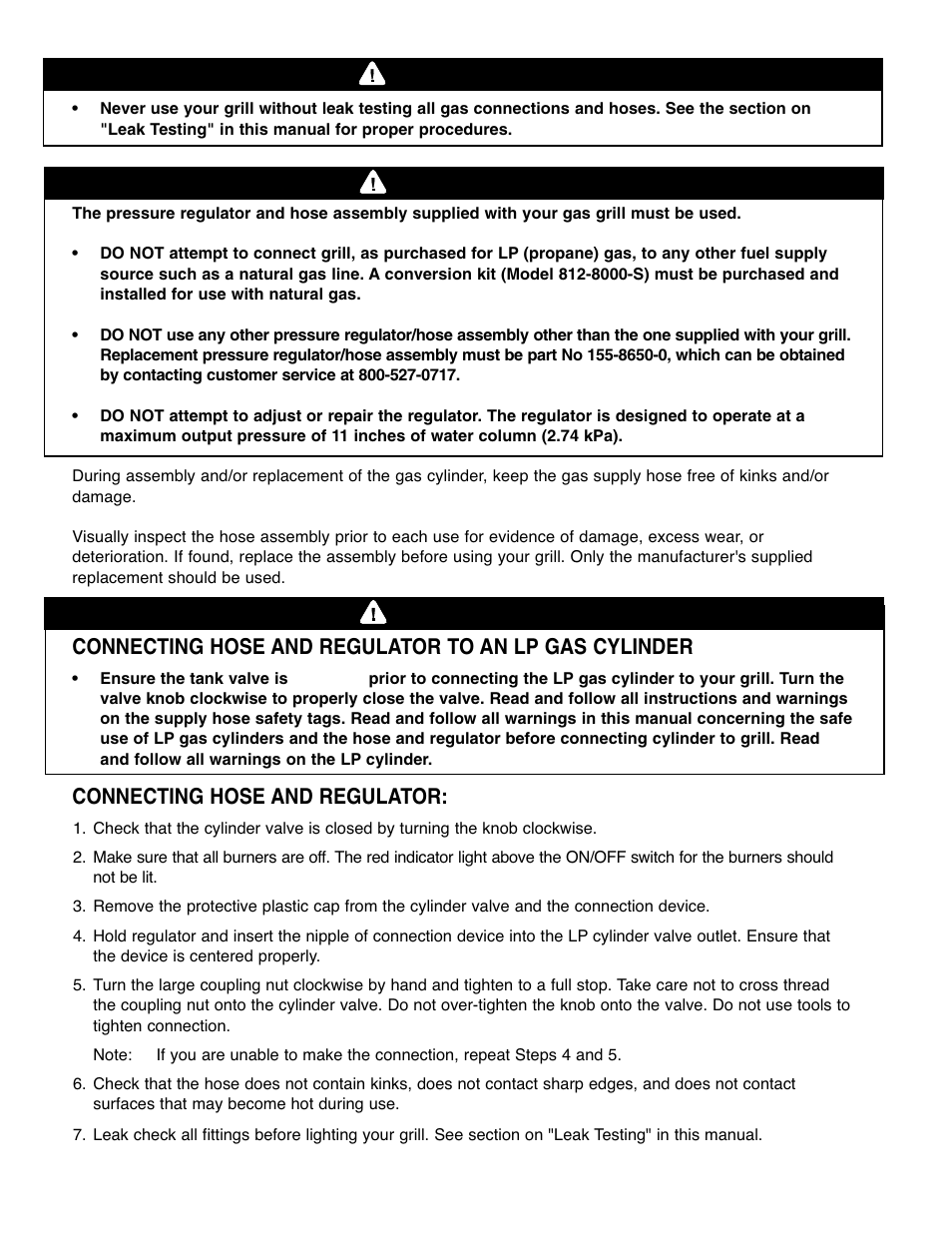 Warning, Connecting hose and regulator | Brinkmann Gourmet 4 User Manual | Page 8 / 56