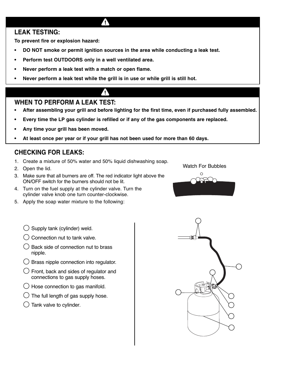 Warning, Danger, Leak testing | When to perform a leak test, Checking for leaks | Brinkmann Gourmet 4 User Manual | Page 9 / 56