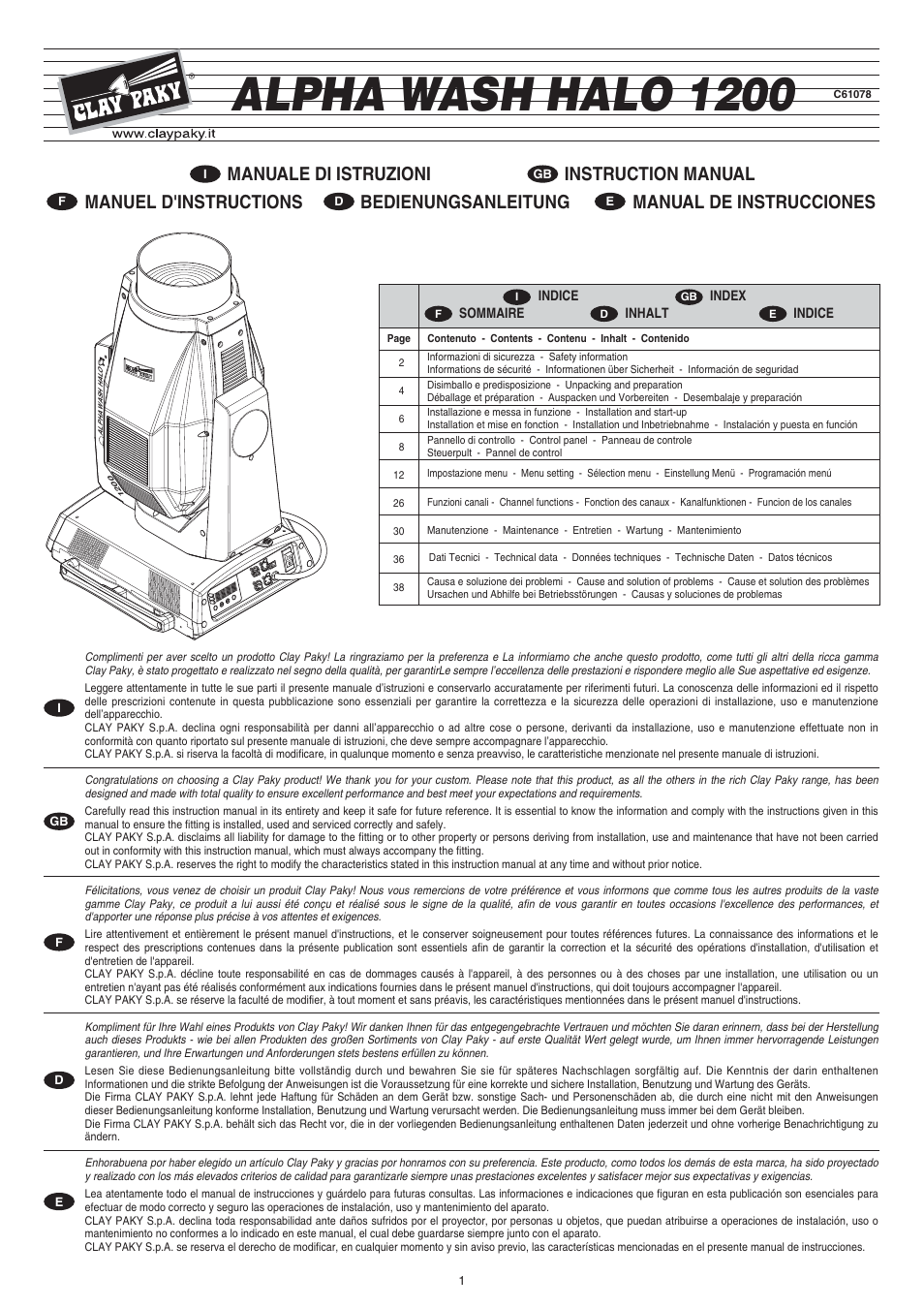Clay Paky ALPHA WASH HALO 1200 (C61078) User Manual | 40 pages