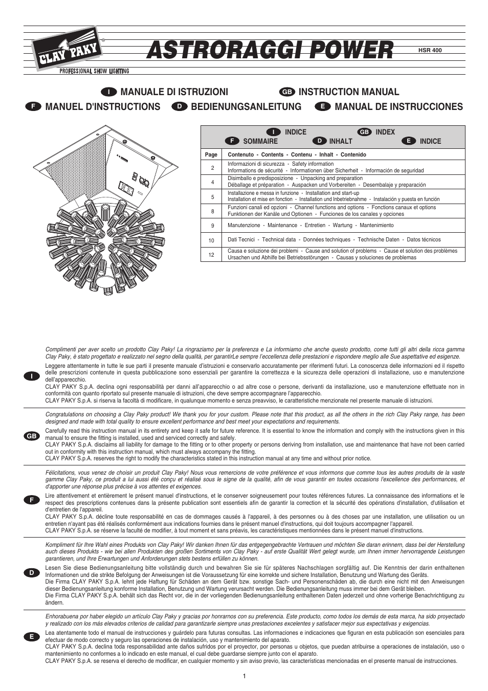 Clay Paky ASTRORAGGI POWER (HSR 400) User Manual | 12 pages