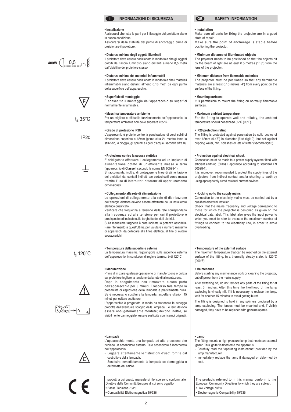 35°c, 120°c, Ip20 | Clay Paky ASTRORAGGI POWER (HSR 400) User Manual | Page 2 / 12