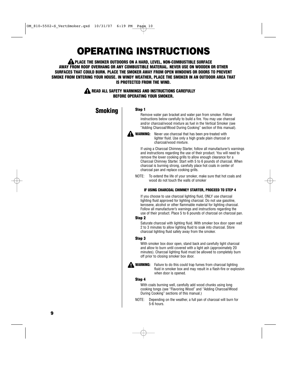 Operating instructions, Smoking | Brinkmann 810-5502-S User Manual | Page 10 / 28