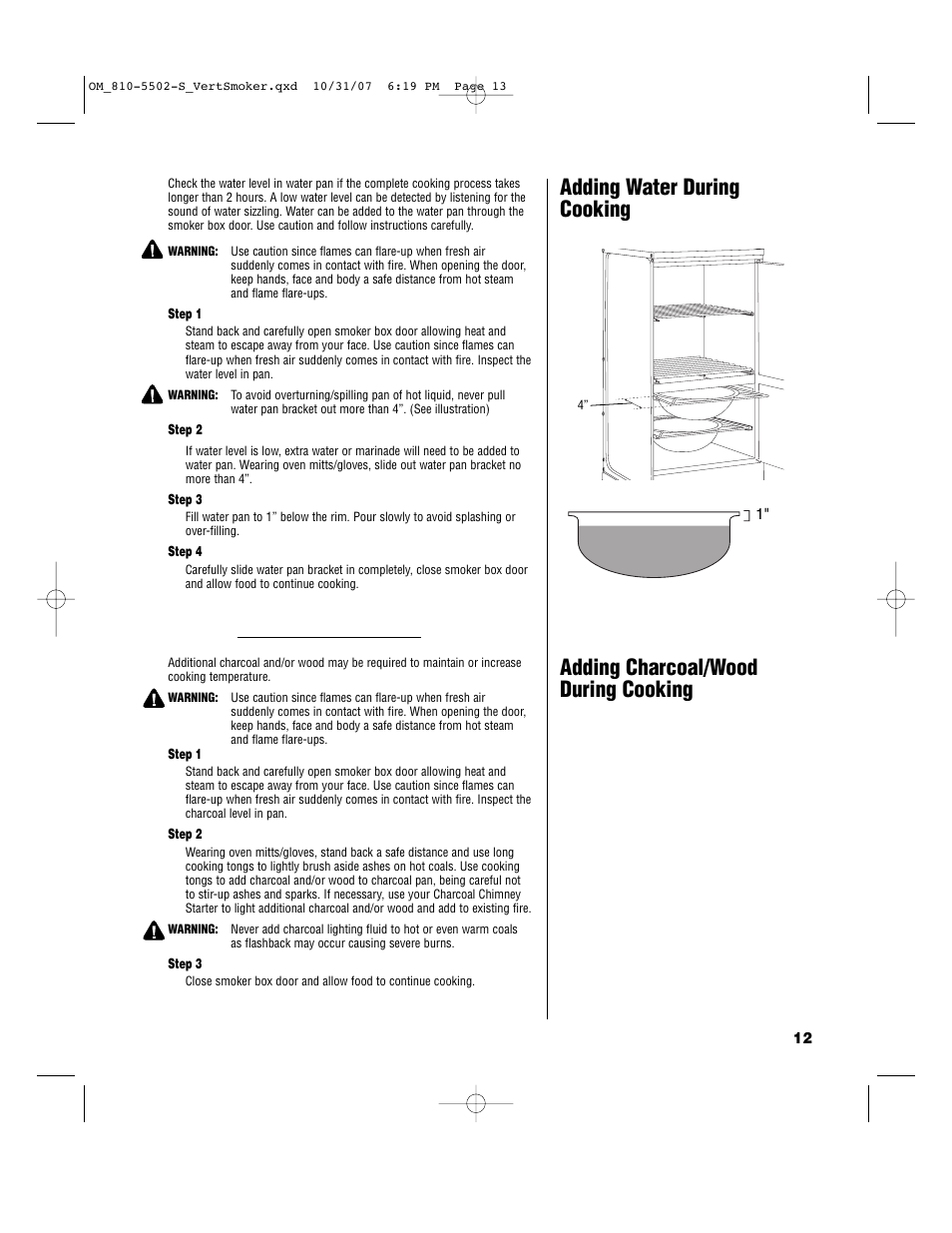 Adding water during cooking, Adding charcoal/wood during cooking | Brinkmann 810-5502-S User Manual | Page 13 / 28