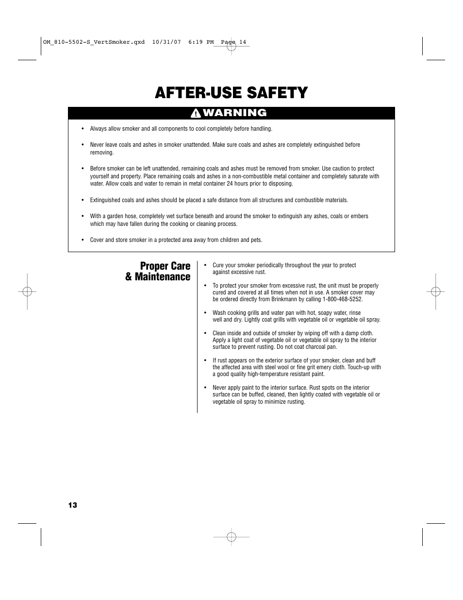 After-use safety, Proper care & maintenance, Warning | Brinkmann 810-5502-S User Manual | Page 14 / 28
