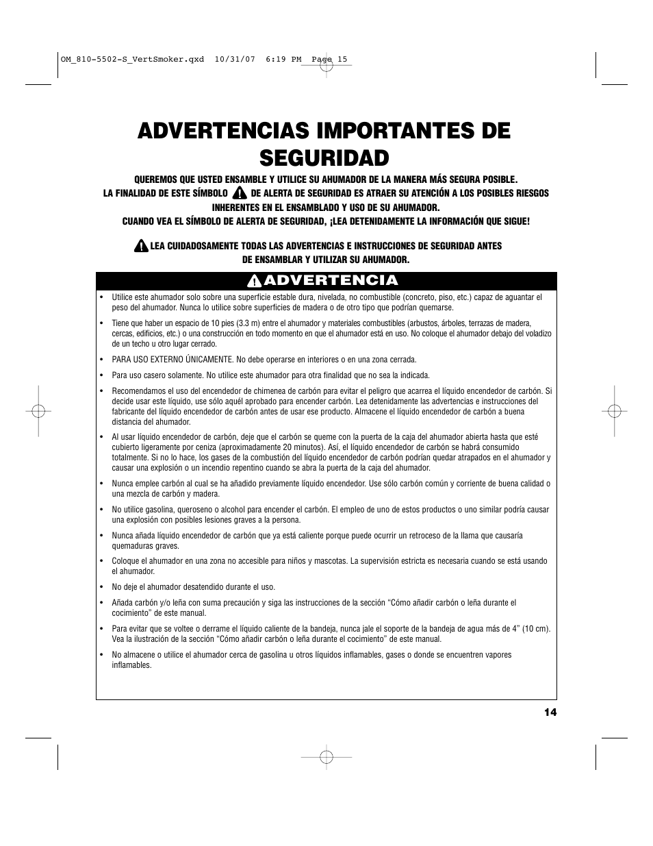 Advertencias importantes de seguridad, Advertencia | Brinkmann 810-5502-S User Manual | Page 15 / 28