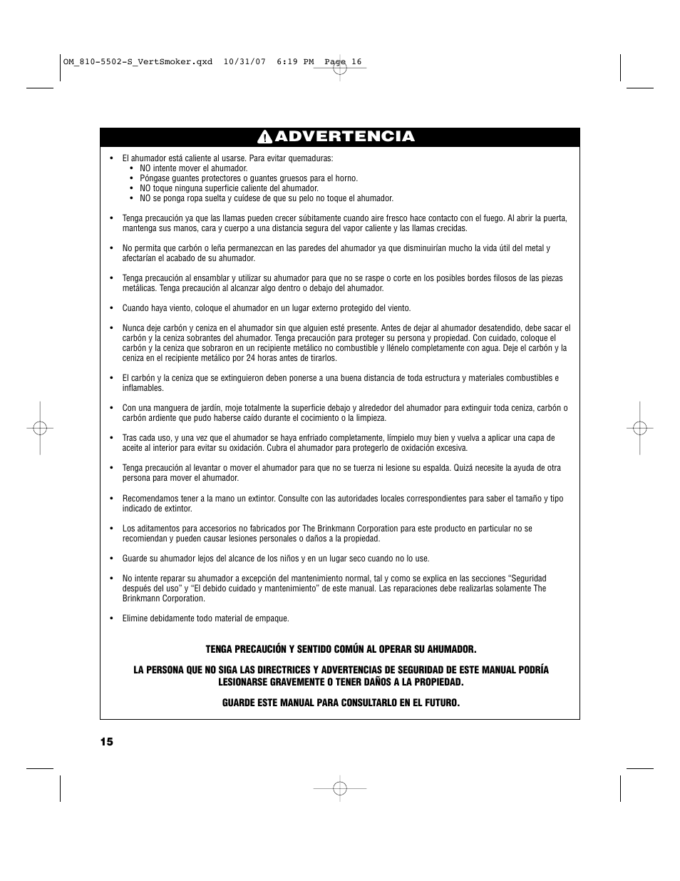 Advertencia | Brinkmann 810-5502-S User Manual | Page 16 / 28